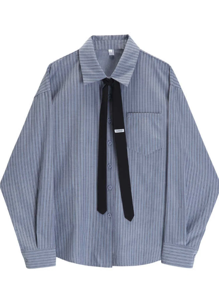 Blue Color Striped Design Tie Decoration Blouses Women Preppy Style Shirt Retro Sweet Cute Style Over-shirt Y2K Loose 2025
Blue Color Striped Design Tie Decoration Blouses Women Preppy Style Shirt Retro Sweet Cute Style Over-shirt Y2K Loose 2025