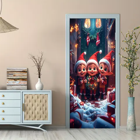 1 piece of Christmas decoration door stickers, three little elves holding flower garlands, holiday stickers, self-adhesive Chris