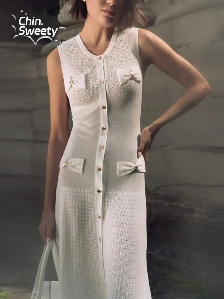 Solid Bow Buttons Knitted Maxi Dresses For Women O Neck Sleeveless Single Breasted Dress Fashion Ladies High Street Vestidos
Solid Bow Buttons Knitted Maxi Dresses For Women O Neck Sleeveless Single Breasted Dress Fashion Ladies High Street Vestidos