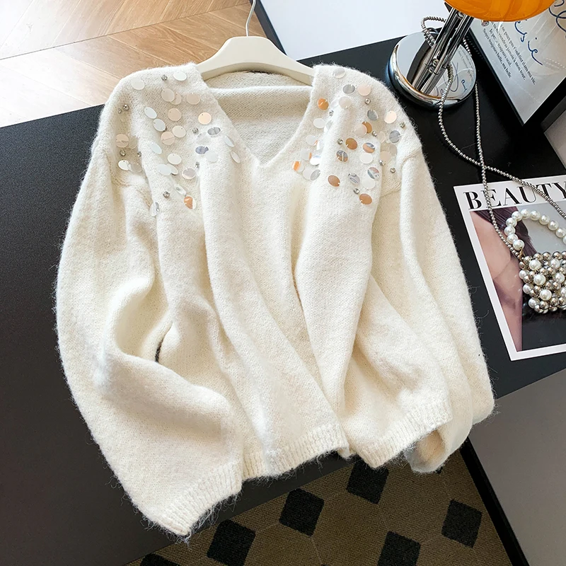Faionable Long Sve Knitted Sweater Women's Heavy Embellied Sequins Versatile Lazy Sle Autumn Winter Woolen Camere
Faionable Long Sve Knitted Sweater Women's Heavy Embellied Sequins Versatile Lazy Sle Autumn Winter Woolen Camere