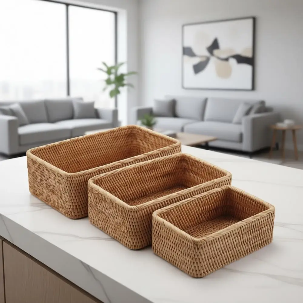 Stackable Rattan Storage Baskets - Woven Wicker Boxes for Keys, Remotes, and More (Set of 3)
Stackable Rattan Storage Baskets - Woven Wicker Boxes for Keys, Remotes, and More (Set of 3)