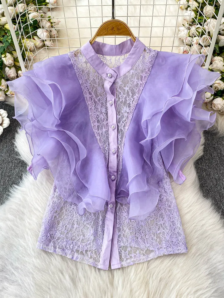 Sweet Fene Stand Collar Lace Splice Slim Fit irt Women's New 2025 Sexy Bell Sve Blouse Korean Sle Commute Wear
Sweet Fene Stand Collar Lace Splice Slim Fit irt Women's New 2025 Sexy Bell Sve Blouse Korean Sle Commute Wear