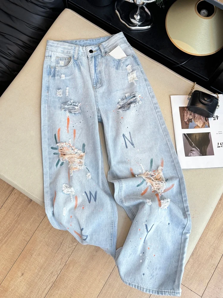 American Style High Waist Straight Leg Jeans Women's Summer New Slimming Wide Leg Pants Self-Keeping Model Graffiti Hole
American Style High Waist Straight Leg Jeans Women's Summer New Slimming Wide Leg Pants Self-Keeping Model Graffiti Hole