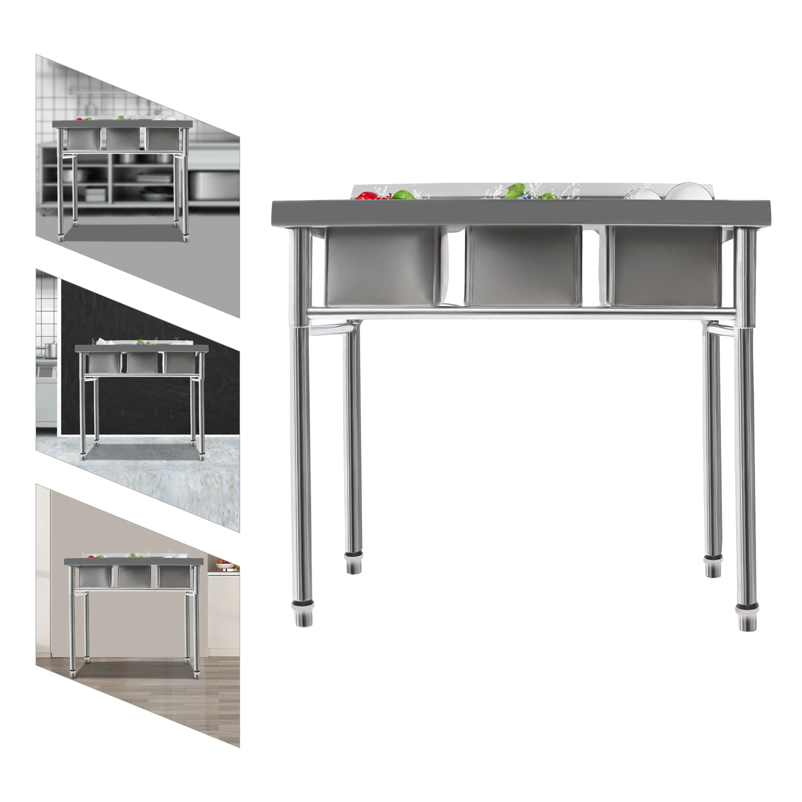 Stainless Steel Sink, 3 Sink Commercial Kitchen Sink 99Lx46Wx91Hcm with 2 Hot and Cold Mixer Taps, Large Capacity for Restaurant
Stainless Steel Sink, 3 Sink Commercial Kitchen Sink 99Lx46Wx91Hcm with 2 Hot and Cold Mixer Taps, Large Capacity for Restaurant