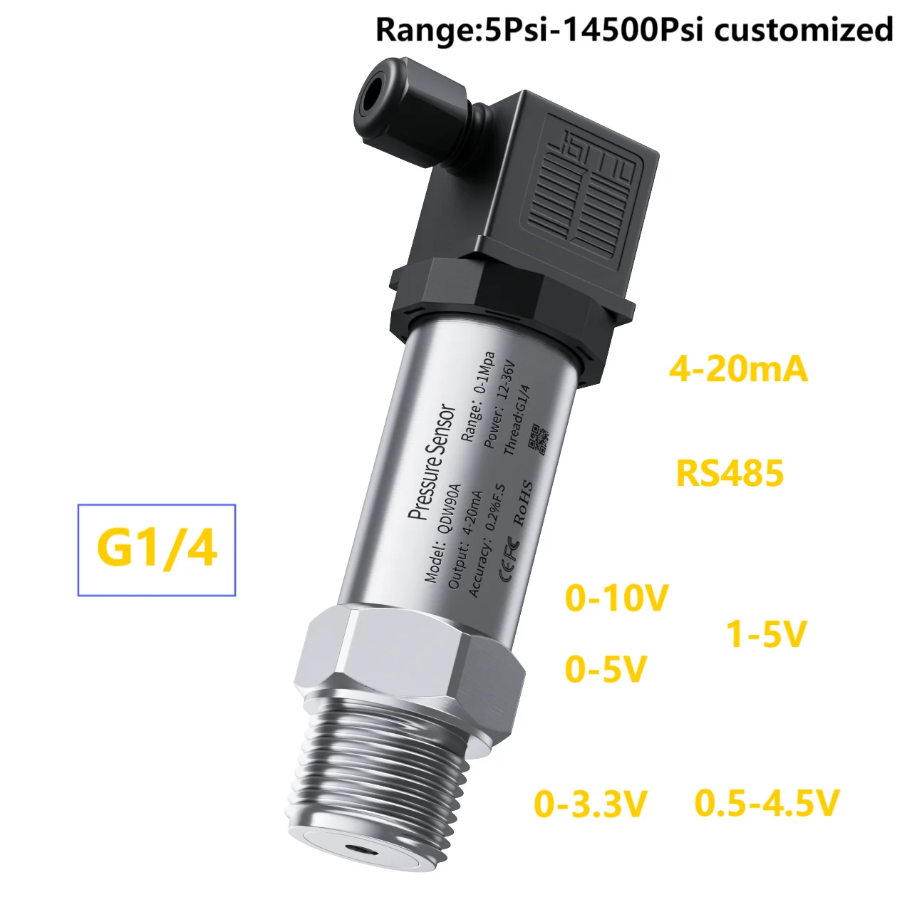 G1/4 0-10bar 0-50Psi 0-600Psi 0-2000Psi Pressure Transducer Sensor 4-20mA 0-10V 0-5V 0-3.3V RS485 Pressure Transmitter
G1/4 0-10bar 0-50Psi 0-600Psi 0-2000Psi Pressure Transducer Sensor 4-20mA 0-10V 0-5V 0-3.3V RS485 Pressure Transmitter