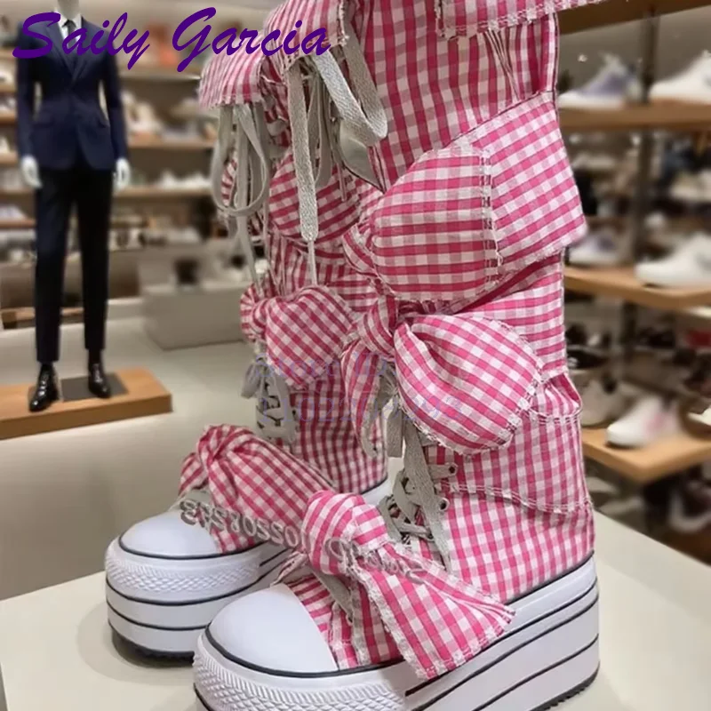 Butterfly-knot Lattice Knee-high Boots Round Toe Canvas Punk Sweet Lace-up Shoes Height Increasing Retro Women's Boots 2025
Butterfly-knot Lattice Knee-high Boots Round Toe Canvas Punk Sweet Lace-up Shoes Height Increasing Retro Women's Boots 2025