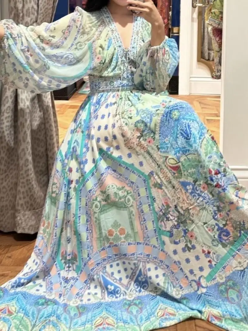 Blue Retro Print Women's Crystal Beaded Long Dress 2026 New Lace-up V-Neck Lantern Sleeve Elastic Waist Holiday Style Robe
Blue Retro Print Women's Crystal Beaded Long Dress 2026 New Lace-up V-Neck Lantern Sleeve Elastic Waist Holiday Style Robe