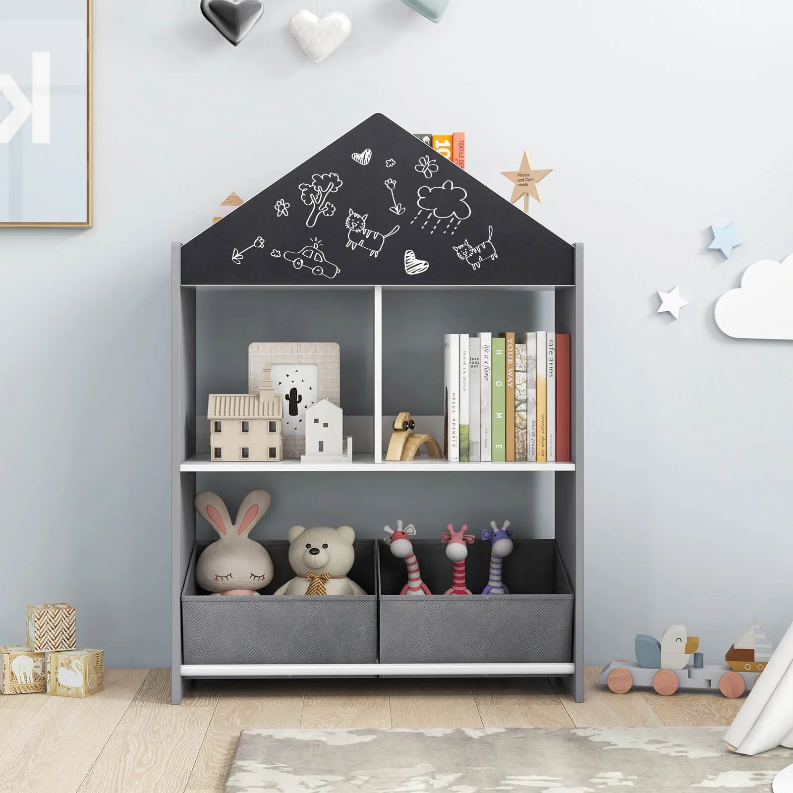 Kids Dollhouse Bookshelf w/ Writable Chalkboard Whiteboard 4 Top Compartments
Kids Dollhouse Bookshelf w/ Writable Chalkboard Whiteboard 4 Top Compartments