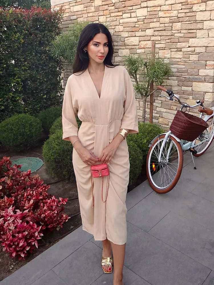 HH Women's Elegant Solid V Neck Half Sleeve Ruched Midi Dress Satin Tie Waist Dresses Women Spring Summer Streetwear Outfits
HH Women's Elegant Solid V Neck Half Sleeve Ruched Midi Dress Satin Tie Waist Dresses Women Spring Summer Streetwear Outfits