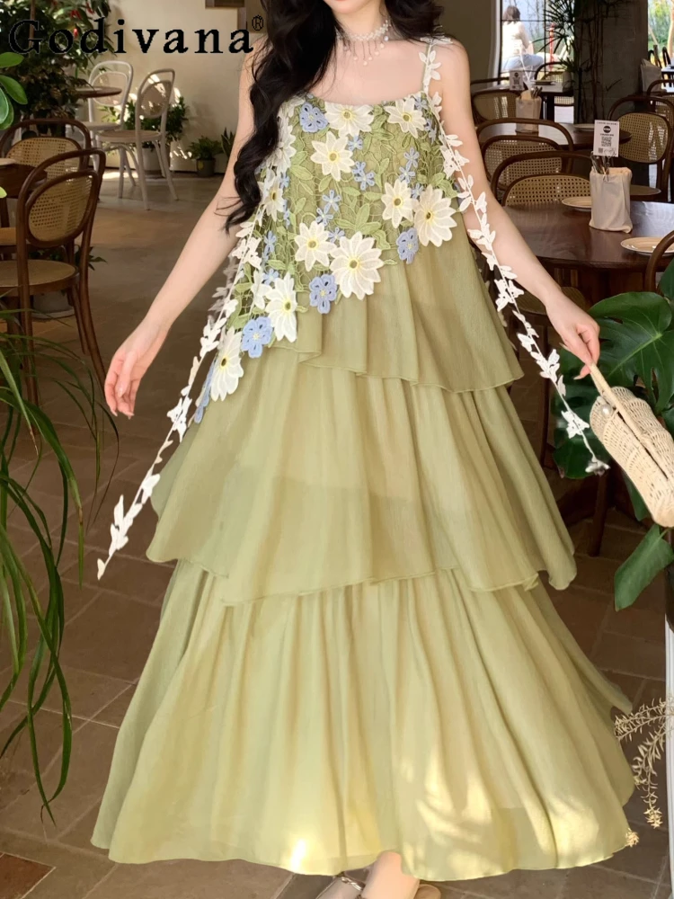 Plus Size French Romantic Three-dimensional Flower Light Green Dress Girl Summer High Waist Slash Neck Elegant Suspender Dresses
Plus Size French Romantic Three-dimensional Flower Light Green Dress Girl Summer High Waist Slash Neck Elegant Suspender Dresses