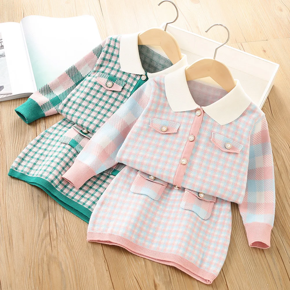 2023 Autumn Girls Fashion Set Kids Knitted Sweater Baby Cardigan Plaid Two-piece Sets Little Girl Toddler College Style Clothing
2023 Autumn Girls Fashion Set Kids Knitted Sweater Baby Cardigan Plaid Two-piece Sets Little Girl Toddler College Style Clothing