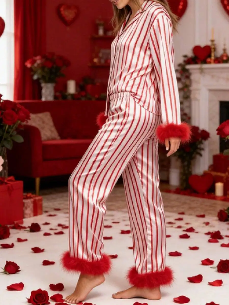 Women Valentines Day Striped Pajama Set With Feather Trim
Women Valentines Day Striped Pajama Set With Feather Trim
