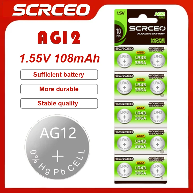 AG12 SR43 LR43 386 186 1.55V 108mAh Silver Oxide Button Coin Battery High Capacity Long Lasting For Watch Calculator Toy Small E
AG12 SR43 LR43 386 186 1.55V 108mAh Silver Oxide Button Coin Battery High Capacity Long Lasting For Watch Calculator Toy Small E