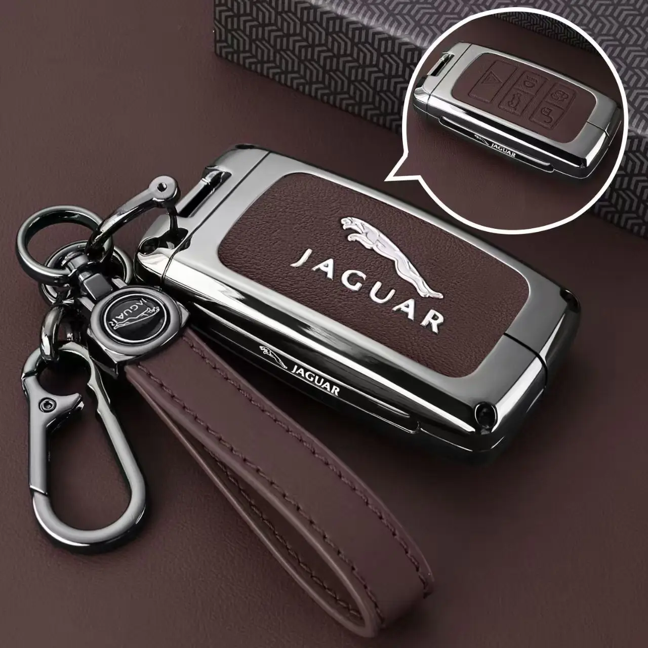 Leather Car Key Case Cover For Range Rover Sport Evoque Vogue for Land Rover Discovery 5 for Jaguar E-PACE XF 4 Button Keychain
Leather Car Key Case Cover For Range Rover Sport Evoque Vogue for Land Rover Discovery 5 for Jaguar E-PACE XF 4 Button Keychain