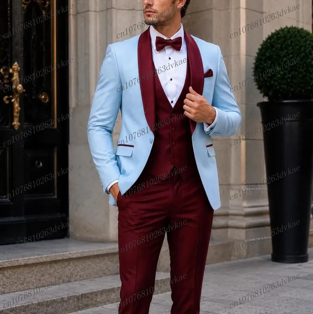 Sky Blue And Burgundy Men Suit Wedding Party Formal Groom Groomsman Prom Business Male Tuxedos 3 Piece Set Jacket Vest Pants
Sky Blue And Burgundy Men Suit Wedding Party Formal Groom Groomsman Prom Business Male Tuxedos 3 Piece Set Jacket Vest Pants