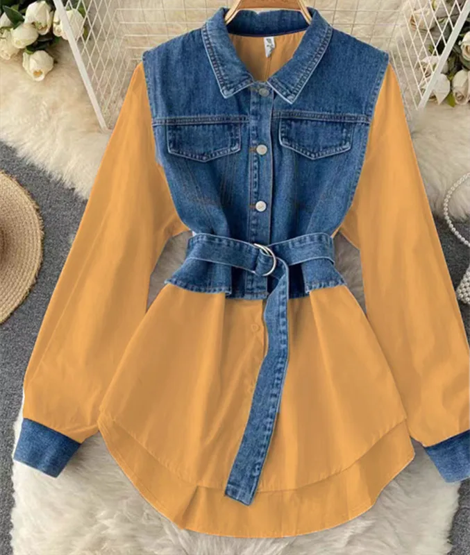 SuperAen 2024 Spring Korean Style Lapel Collar Denim Fake Two-piece Long Sleeved Design Long Sleeve Shirt Tops
SuperAen 2024 Spring Korean Style Lapel Collar Denim Fake Two-piece Long Sleeved Design Long Sleeve Shirt Tops