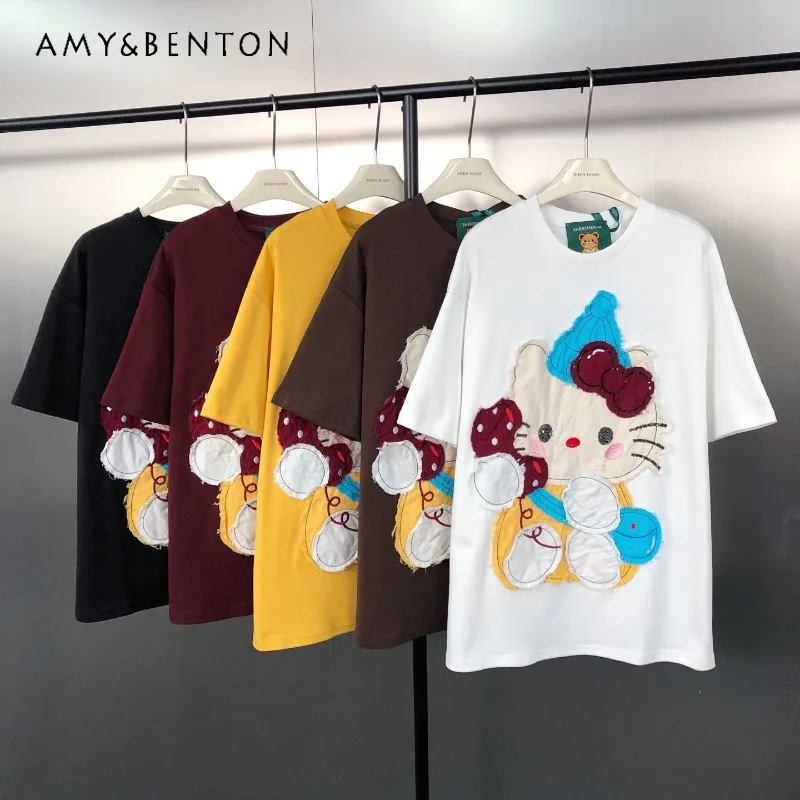 New Sweet Age-Reducing Fashion Cute Cartoon Beaded Patch T-shirts Loose Versatile Pullover Short Sleeved Tshirt For Women's Tees
New Sweet Age-Reducing Fashion Cute Cartoon Beaded Patch T-shirts Loose Versatile Pullover Short Sleeved Tshirt For Women's Tees