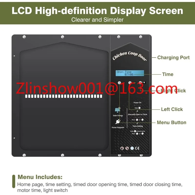 Timed light-sensitive automatic switch for opening the solar intelligent anti-pinch chicken house door horizontally
Timed light-sensitive automatic switch for opening the solar intelligent anti-pinch chicken house door horizontally
