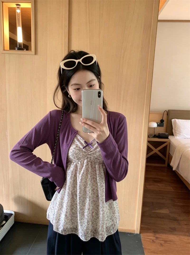 Sweet Style Purple Long Sleeve Open Cardigan Outerwear Women's Summer Inner Floral Vest Strap Two Piece Set Fashionable Ensemble
Sweet Style Purple Long Sleeve Open Cardigan Outerwear Women's Summer Inner Floral Vest Strap Two Piece Set Fashionable Ensemble