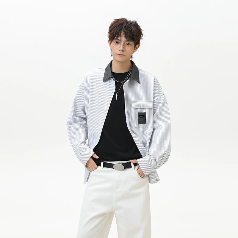 Men Splice Denim Collar Loose Casual Long Sleeve Stripe Shirts Women Japanese Korean Streetwear Oversize Shirts Blouses
Men Splice Denim Collar Loose Casual Long Sleeve Stripe Shirts Women Japanese Korean Streetwear Oversize Shirts Blouses