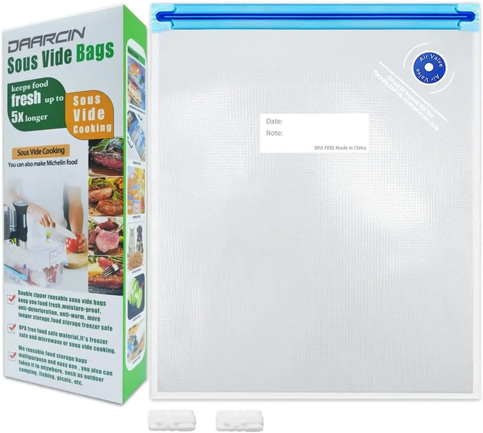 Large Sous Vide Bags 15-Pack 10.2x13.4in Reusable Vacuum Sealer Bags with 2 Sealing Clips for Food Storage
Large Sous Vide Bags 15-Pack 10.2x13.4in Reusable Vacuum Sealer Bags with 2 Sealing Clips for Food Storage