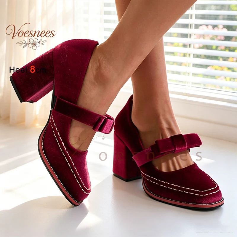 Women Burgundy Velvet Mary Jane Pumps 8cm Block Heel Shoes Cute Bow Ankle Strap Round Toe Vintage Party Wedding Dress High Heels
Women Burgundy Velvet Mary Jane Pumps 8cm Block Heel Shoes Cute Bow Ankle Strap Round Toe Vintage Party Wedding Dress High Heels