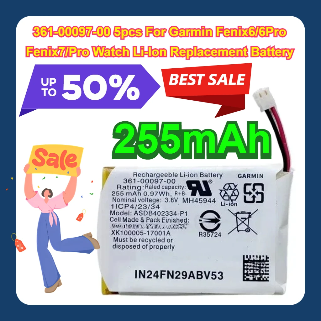 255mAh 361-00097-00 5pcs For Garmin Fenix6/6Pro Fenix7/Pro Watch Li-Ion Replacement Battery
255mAh 361-00097-00 5pcs For Garmin Fenix6/6Pro Fenix7/Pro Watch Li-Ion Replacement Battery