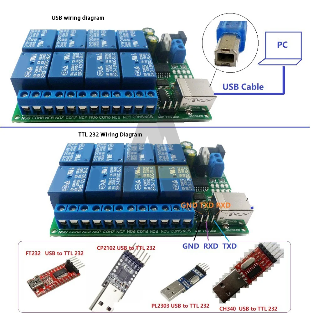 2 in 1 DC 8-channel USB serial port relay module 5V 12V 24V UART RS232 TTL switch board CH340 AT command/8 byte command Remote
2 in 1 DC 8-channel USB serial port relay module 5V 12V 24V UART RS232 TTL switch board CH340 AT command/8 byte command Remote
