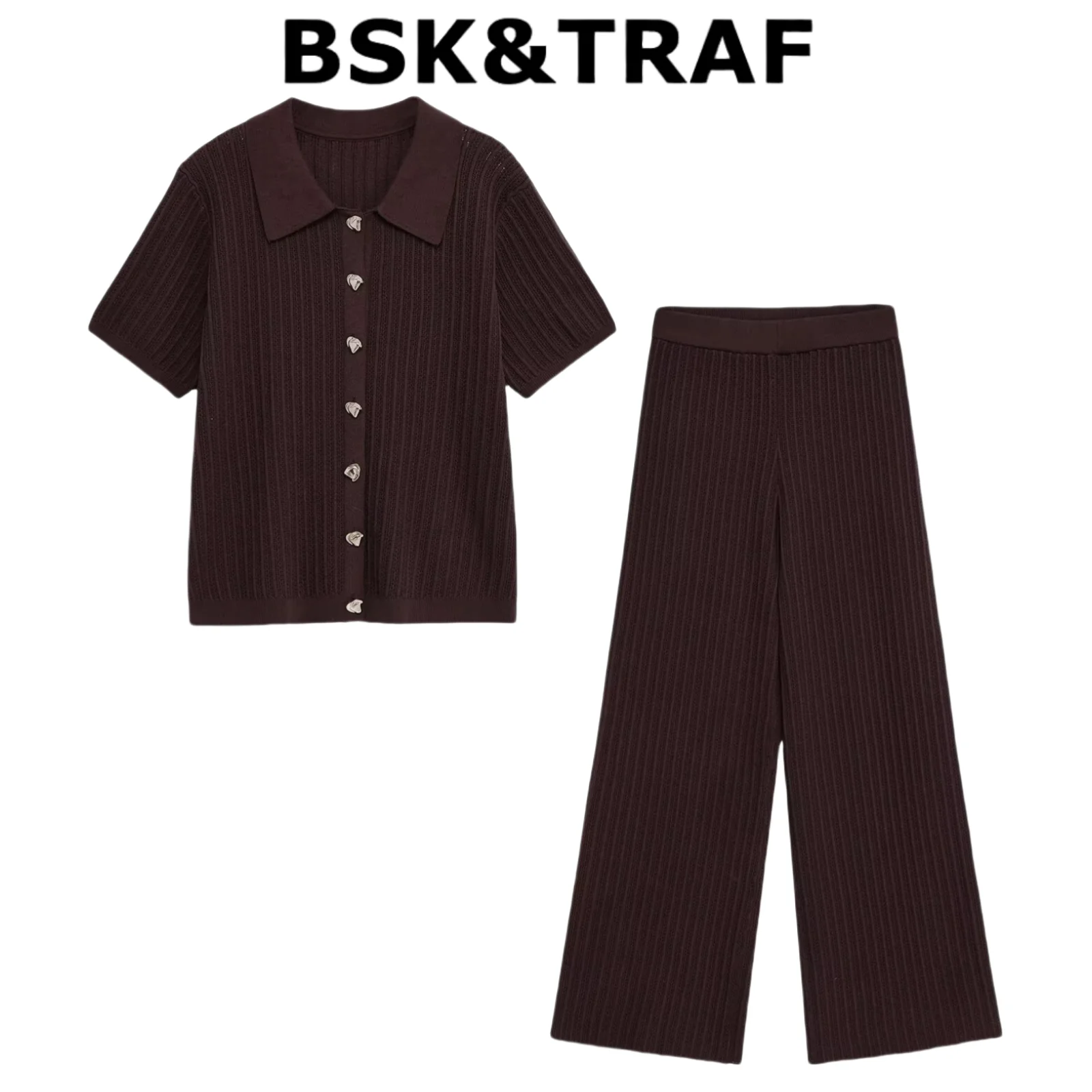 BSK&TRAF2025 Summer New Women's Casual Simple Lapel Short Sleeve Hollow Knit Top Straight Pants Suit
BSK&TRAF2025 Summer New Women's Casual Simple Lapel Short Sleeve Hollow Knit Top Straight Pants Suit