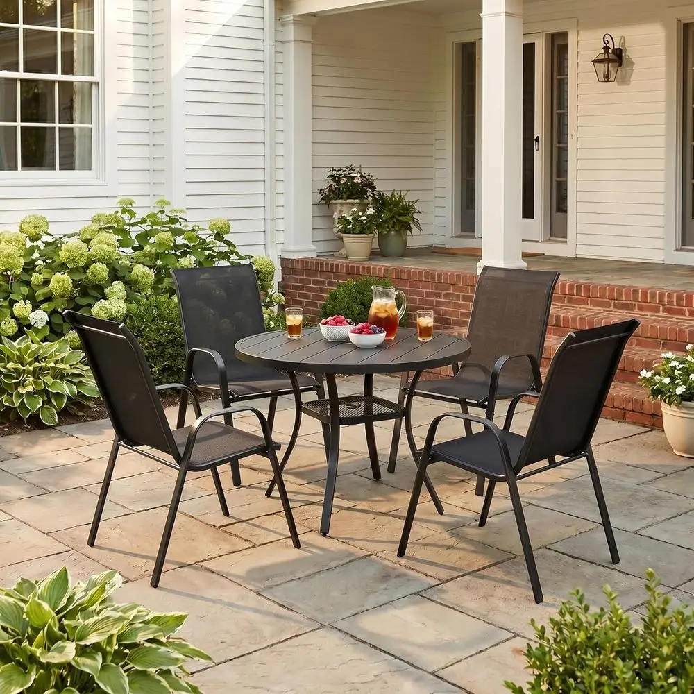 All-Weather 5-Piece Patio Set: 40.6 Round Outdoor Table with Stackable Chairs, Black
All-Weather 5-Piece Patio Set: 40.6 Round Outdoor Table with Stackable Chairs, Black