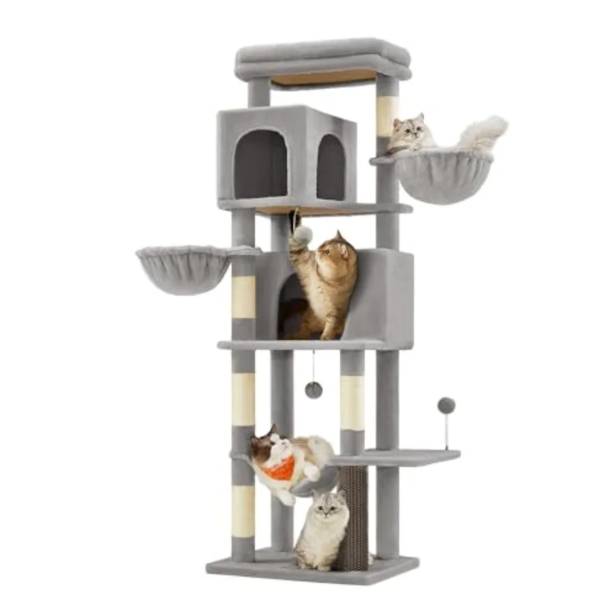 69-Inch Tall Cat Tree with Dove Gray Plush Multi-Level Condo 2 Caves 2 Baskets 5 Scratching Posts Self-Groomer Perch Hammock fo
69-Inch Tall Cat Tree with Dove Gray Plush Multi-Level Condo 2 Caves 2 Baskets 5 Scratching Posts Self-Groomer Perch Hammock fo