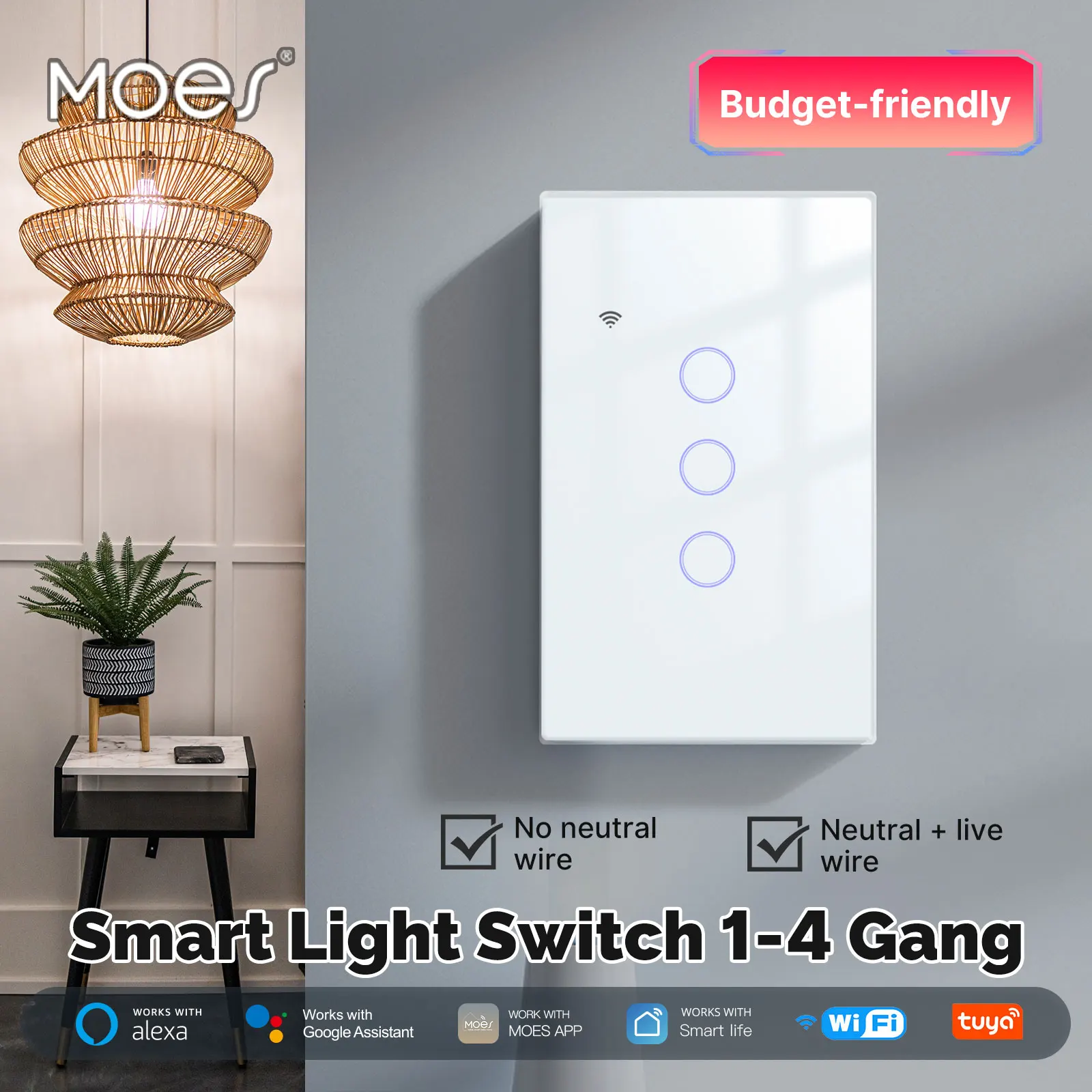 MOES Tuya WiFi Smart Light Switch Glass Touch Control Fireproof No Neutral Wire Required Remote Control Work With Alexa Google Home