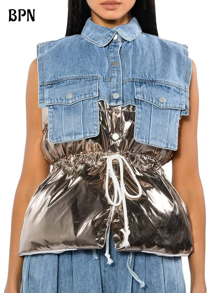 BPN Fashion Patchwork Denim Winter Vests For Women Lapel Sleeveless Patchwork Pockets Hit Color Slim Parkas Female Clothing New
BPN Fashion Patchwork Denim Winter Vests For Women Lapel Sleeveless Patchwork Pockets Hit Color Slim Parkas Female Clothing New