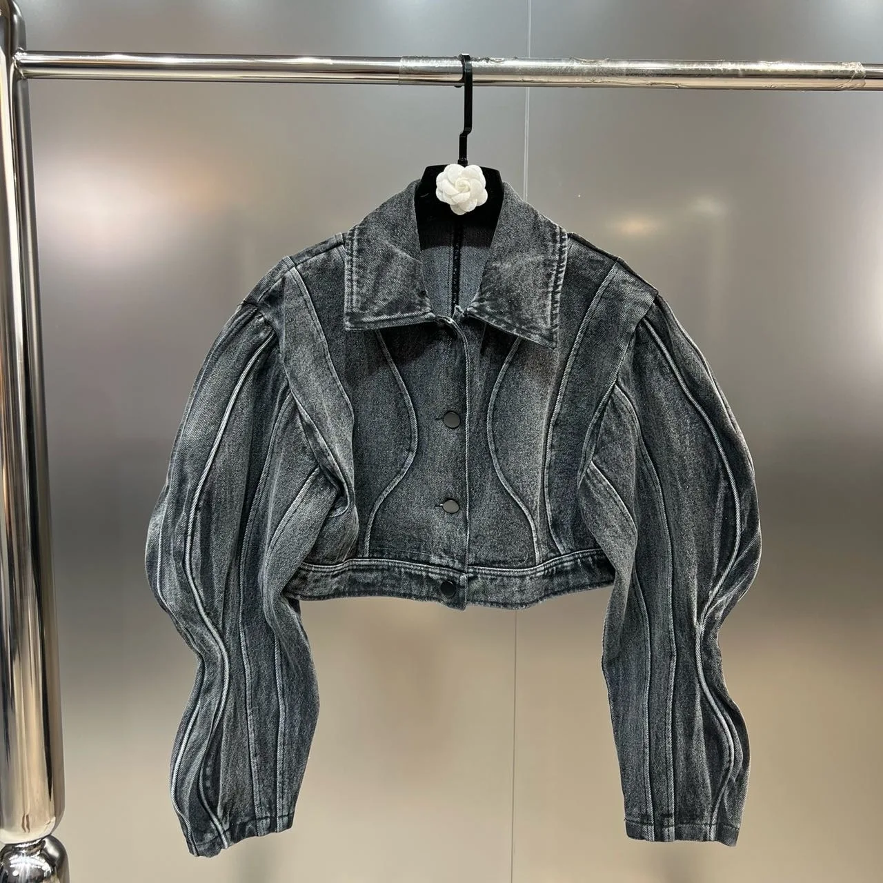 Women's lapel single breasted wave long sleeve design sense of niche fashion gray short top denim coat
Women's lapel single breasted wave long sleeve design sense of niche fashion gray short top denim coat
