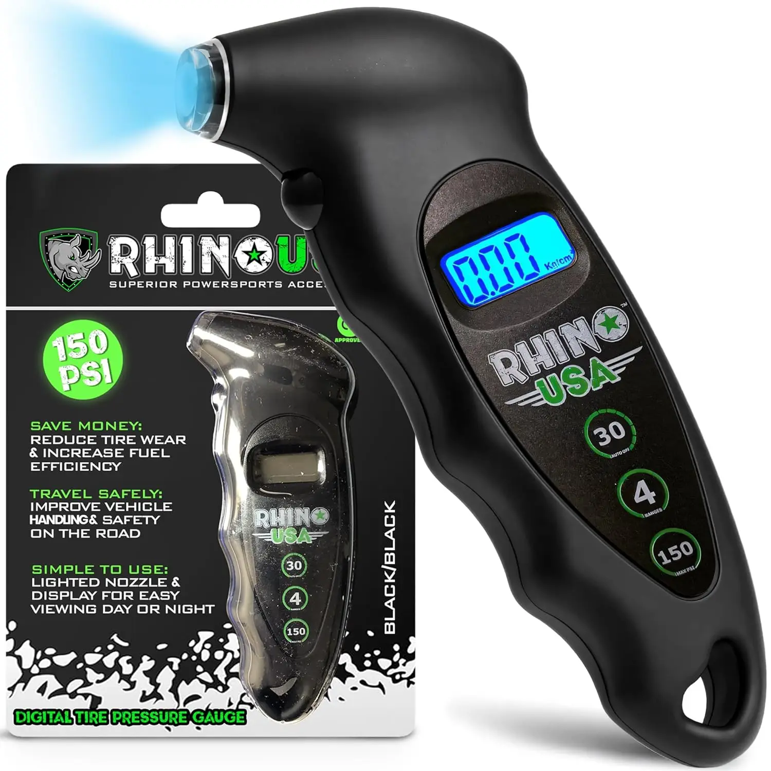 Rhino USA Digital Tire Pressure Gauge 150 PSI, 4 Ranges, Ergonomic Design w/Lighted Nozzle & LCD Backlit Display - Certified Accurate Readings, Best Digital Gage (Black)
Rhino USA Digital Tire Pressure Gauge 150 PSI, 4 Ranges, Ergonomic Design w/Lighted Nozzle & LCD Backlit Display - Certified Accurate Readings, Best Digital Gage (Black)