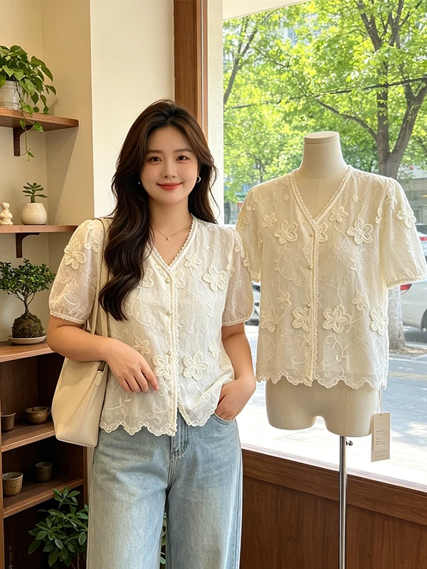 plus Size Slimming Korean Style Embroidered Lace Trim 3D Shoulder Blouse Summer Fashion Women's Shirt V Neck Short Sleeve
plus Size Slimming Korean Style Embroidered Lace Trim 3D Shoulder Blouse Summer Fashion Women's Shirt V Neck Short Sleeve