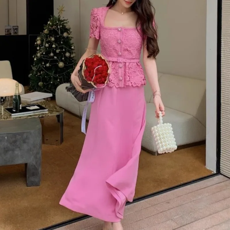 Square Collar Pink Lace Dress Bodycon Women with Sashes Patchwork Elegant Vestidos Runway Design Vintage Evening Party Dresses
Square Collar Pink Lace Dress Bodycon Women with Sashes Patchwork Elegant Vestidos Runway Design Vintage Evening Party Dresses