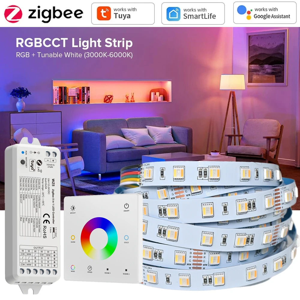 5M 10M Tuya Zigbee 5in1 RGB+CCT LED Strip 24V 5050 Dimmable Room Decor Lighting RF Touch Panel Remote for Alexa Google Assistant 
5M 10M Tuya Zigbee 5in1 RGB+CCT LED Strip 24V 5050 Dimmable Room Decor Lighting RF Touch Panel Remote for Alexa Google Assistant