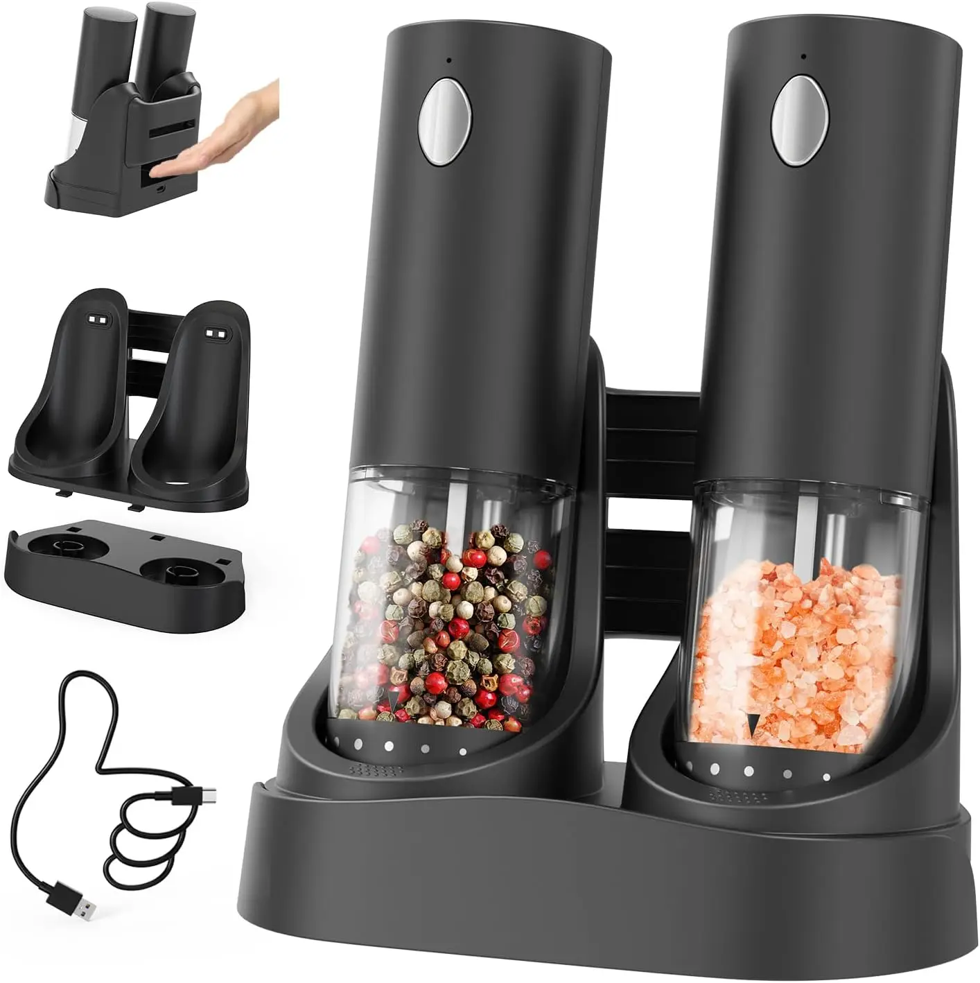 Electric Salt and Pepper Grinder Set with USB Rechargeable Base, Adjustable Coarseness, LED Light, One-Hand Operation
Electric Salt and Pepper Grinder Set with USB Rechargeable Base, Adjustable Coarseness, LED Light, One-Hand Operation