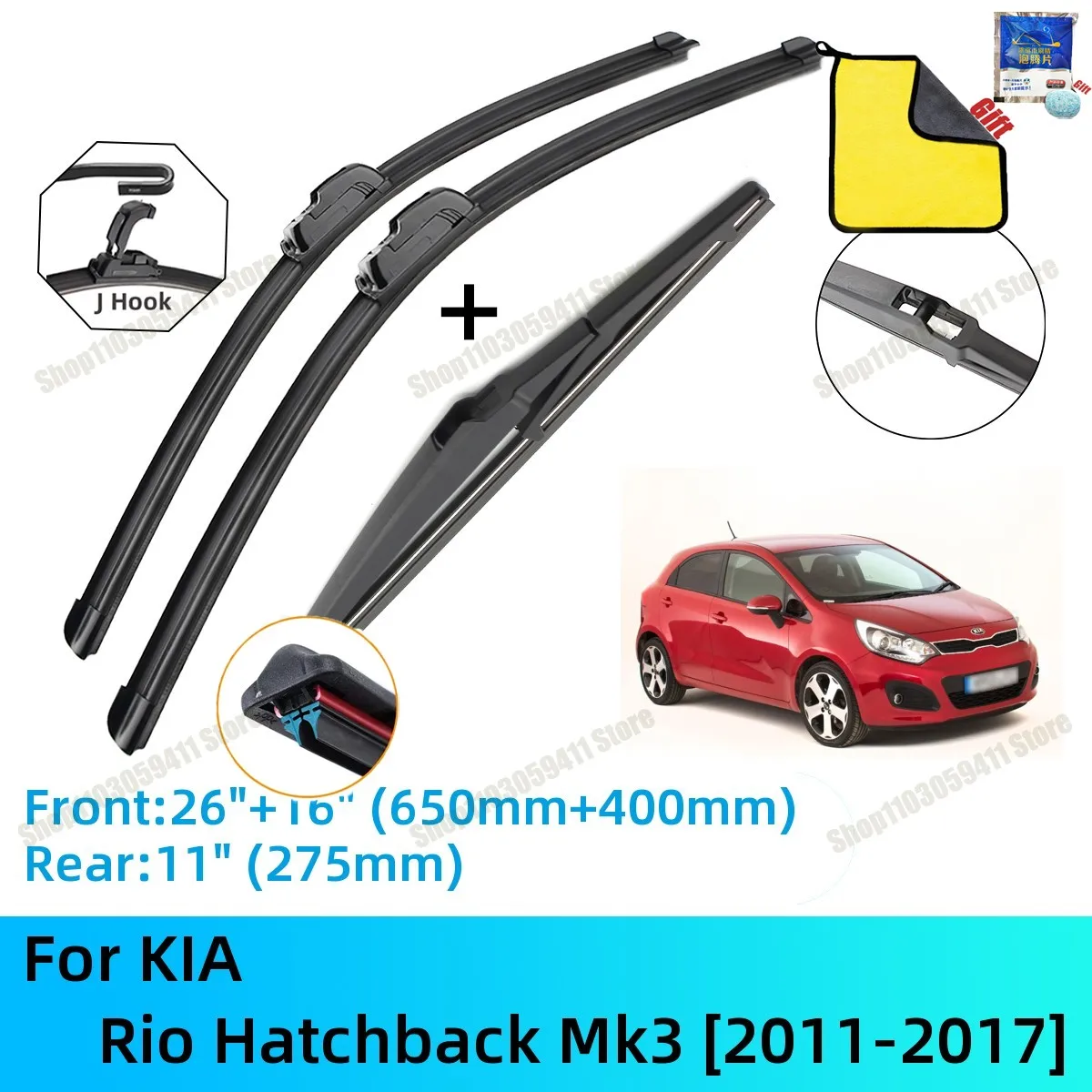 For KIA Rio Hatchback Mk3 Front Rear Wiper Blades Set Windshield Windscreen Car Accessories J U Hook 2011-2017
