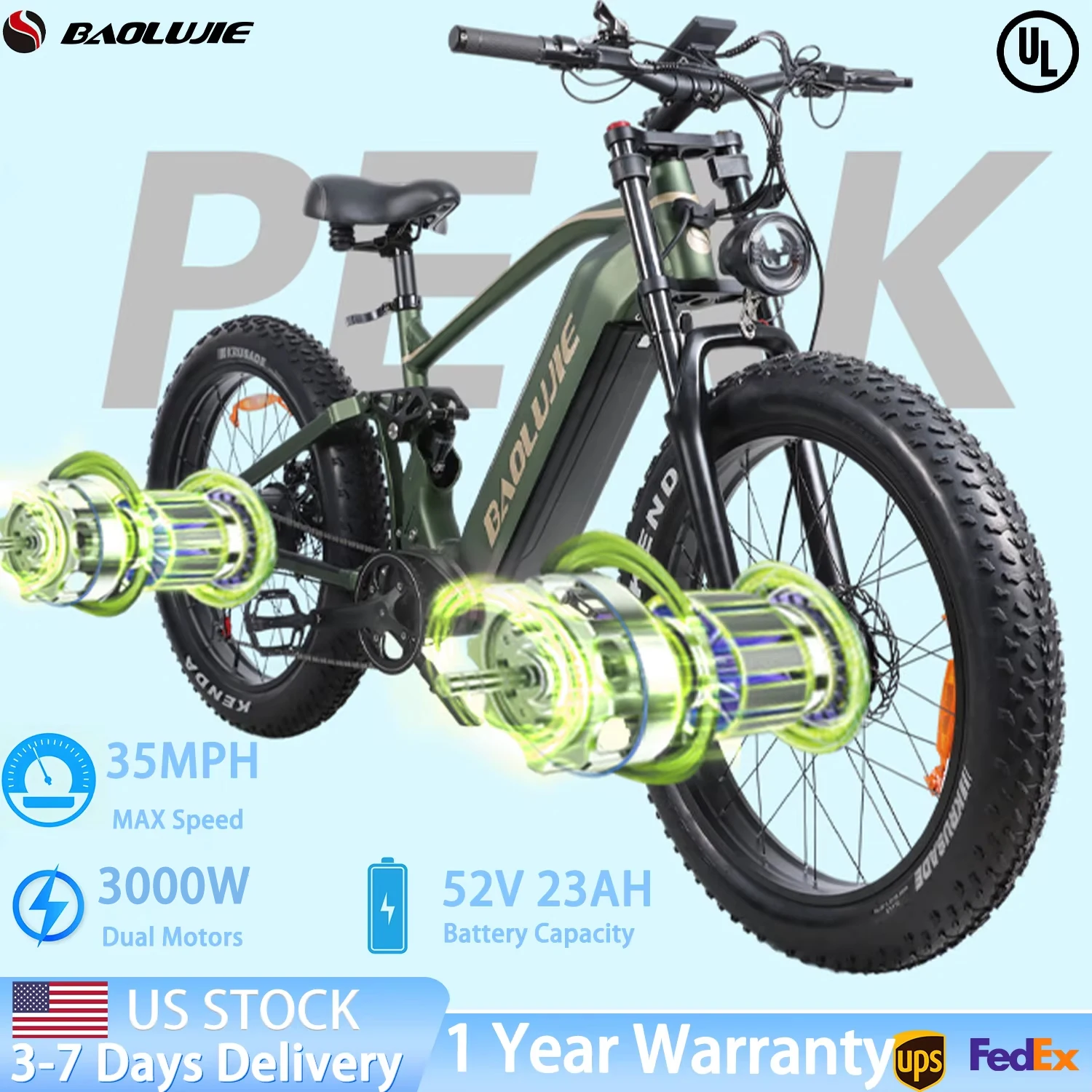 BAOLUJIE P2 3000W Ebike Mountain E-bike 52V 23AH Electric Bicycle 55KM/H Electric Bike for Adults Off-road【1 Year Warranty】
BAOLUJIE P2 3000W Ebike Mountain E-bike 52V 23AH Electric Bicycle 55KM/H Electric Bike for Adults Off-road【1 Year Warranty】