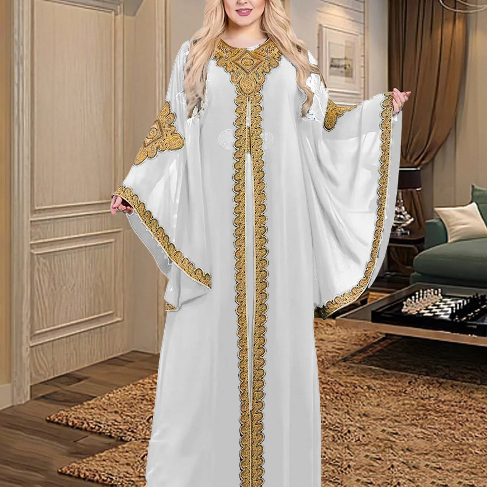 Loose Elegant Muslim For Women Kaftan Abaya Arabic Robe Vintage Embroidered With Gold Lace Sweet Party All Season Femme Dresses
Loose Elegant Muslim For Women Kaftan Abaya Arabic Robe Vintage Embroidered With Gold Lace Sweet Party All Season Femme Dresses