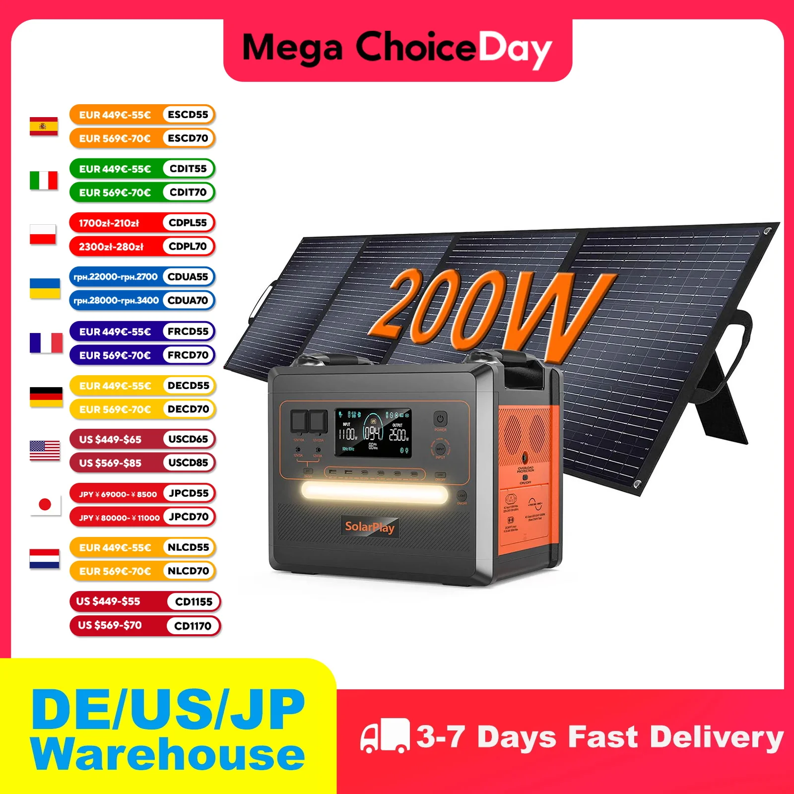 SOLARPLAY Portable Energy Station Q2402M 2304Wh Power Bank 200W Solar Plate Rechargeable Home Battery for Camping Equipment
SOLARPLAY Portable Energy Station Q2402M 2304Wh Power Bank 200W Solar Plate Rechargeable Home Battery for Camping Equipment