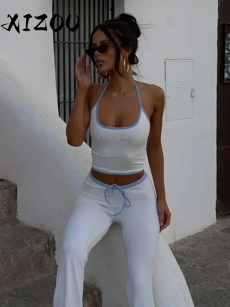 XIZOU Letter Print 2 Piece Set Women Halter Bandage Crop Tops + Drawstring Stretch Flare Pants Vacation Casual Simple Suits
XIZOU Letter Print 2 Piece Set Women Halter Bandage Crop Tops + Drawstring Stretch Flare Pants Vacation Casual Simple Suits