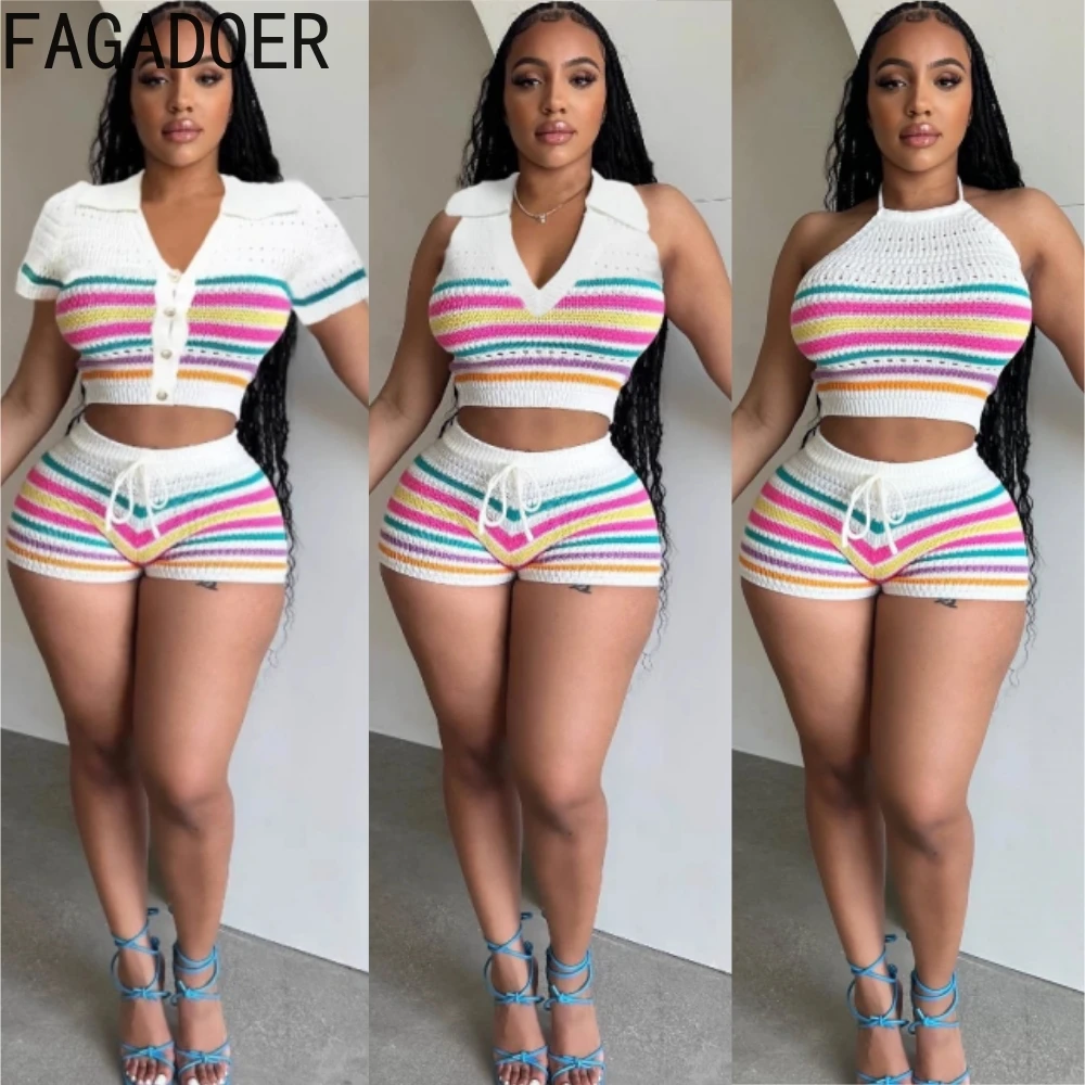 FAGADOER White Stripe Print Knit Fashion Streetwear Women Lapel Short Sleeve Button Slim Crop Top And Drawstring Shorts Outfit
FAGADOER White Stripe Print Knit Fashion Streetwear Women Lapel Short Sleeve Button Slim Crop Top And Drawstring Shorts Outfit