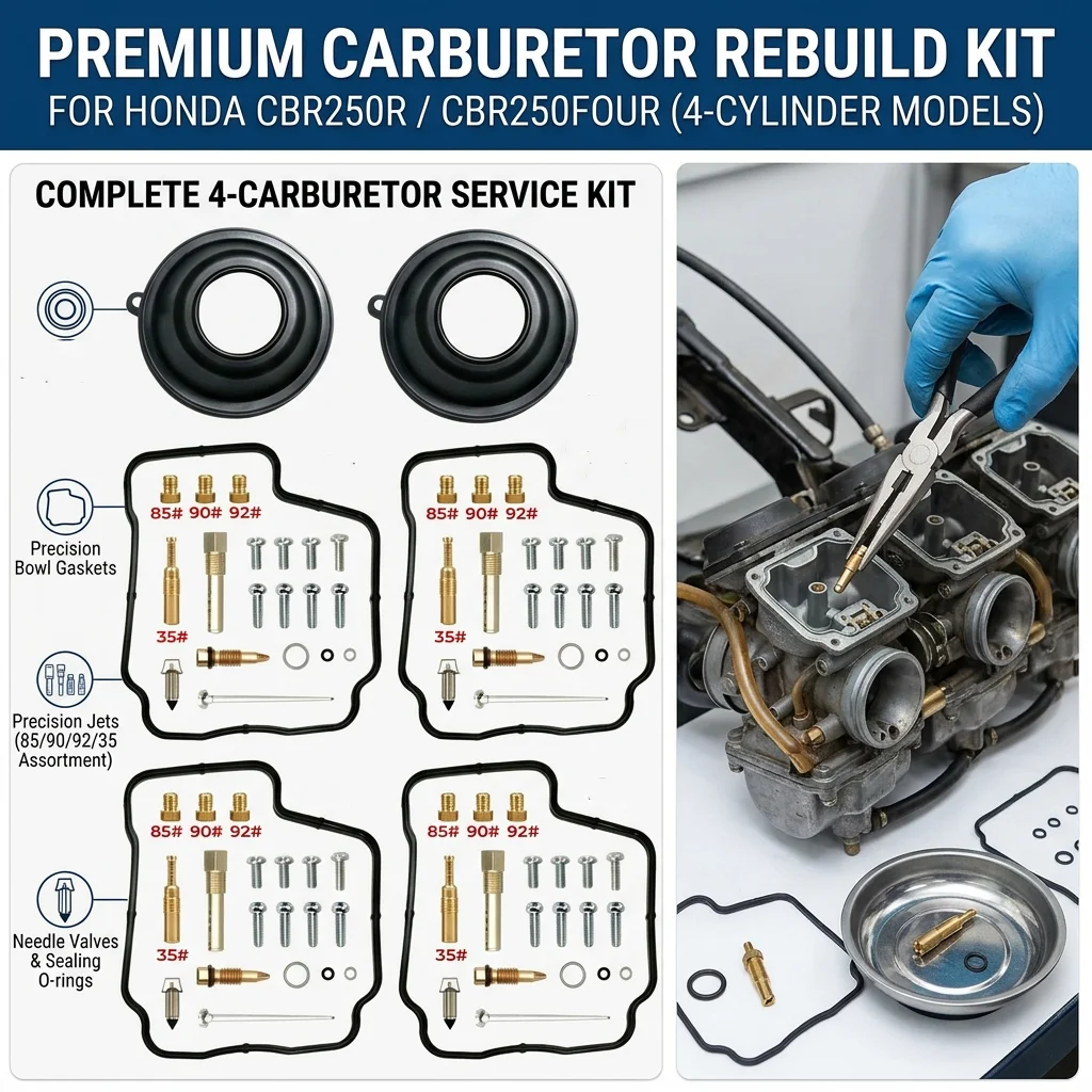 4-Pack Motorcycle Carburetor Rebuild Kit for Honda CBR250R MC19 MC22 Service Kit with Vacuum Diaphragm Gasket Jet Needle 4 Sets
4-Pack Motorcycle Carburetor Rebuild Kit for Honda CBR250R MC19 MC22 Service Kit with Vacuum Diaphragm Gasket Jet Needle 4 Sets
