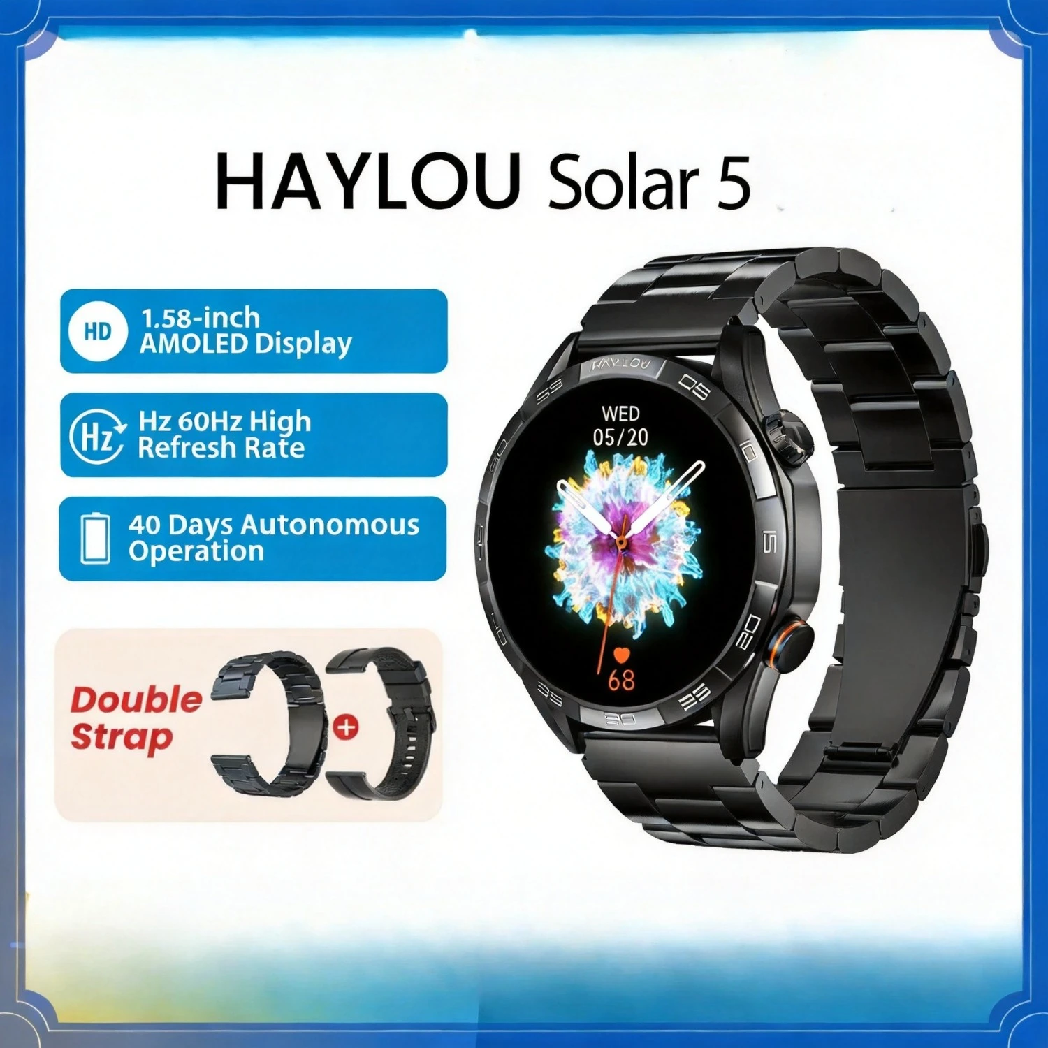 Solar 5 Smart Watch 1.58'' AMOLED Display Smart Watch Voice Calling 24H Health Monitoring 100+ Sport Modes Smartwatch
Solar 5 Smart Watch 1.58'' AMOLED Display Smart Watch Voice Calling 24H Health Monitoring 100+ Sport Modes Smartwatch