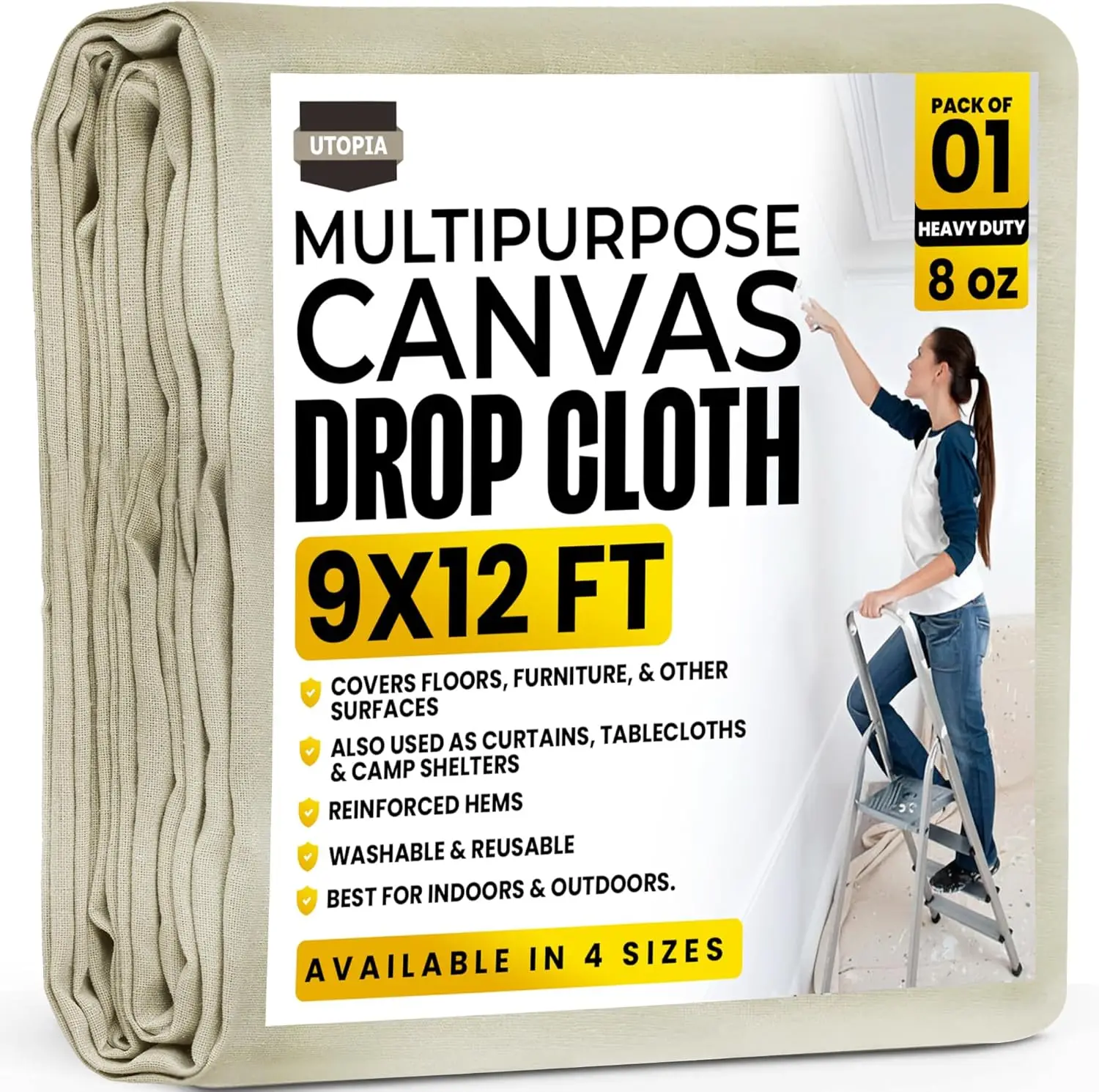 9x12 ft Canvas Drop Cloth for Painting, Washable & Reusable, Indoor/Outdoor Use
9x12 ft Canvas Drop Cloth for Painting, Washable & Reusable, Indoor/Outdoor Use
