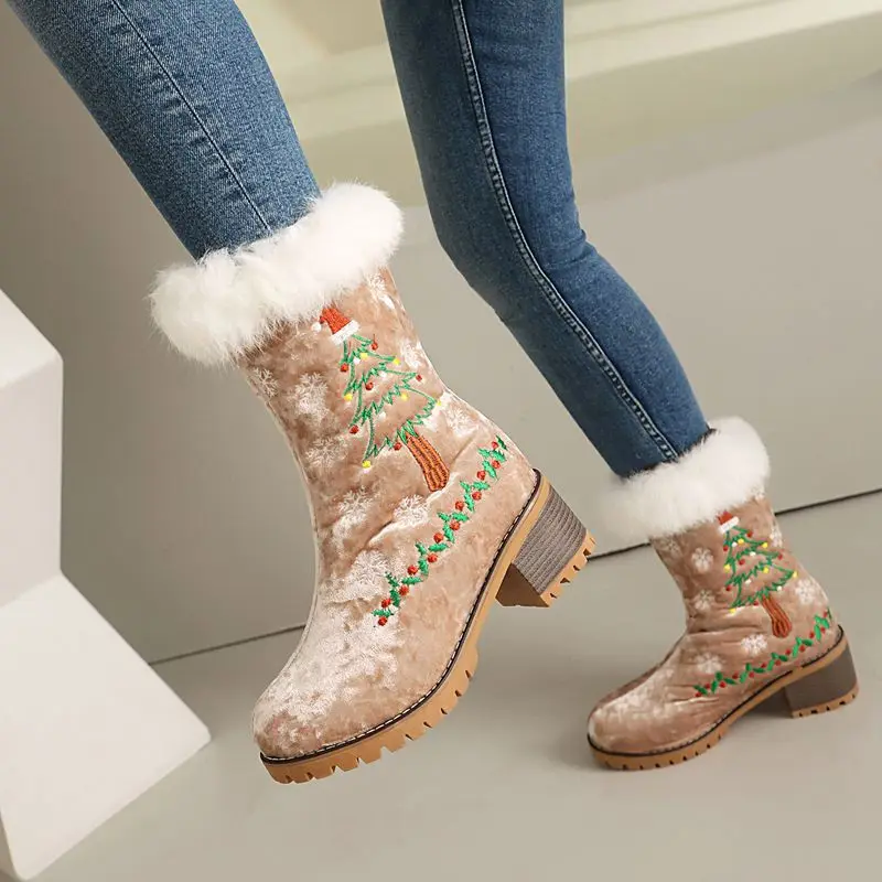 ORCHALISA 2025 Новая модная красная, черная подарочная рождественская обувь без шнуровки с вышивкой 42 43 Зимние зимние ботинки с плюшевым мехом на массивном каблуке 5 см 
ORCHALISA 2025 Новая модная красная, черная подарочная рождественская обувь без шнуровки с вышивкой 42 43 Зимние зимние ботинки с плюшевым мехом на массивном каблуке 5 см