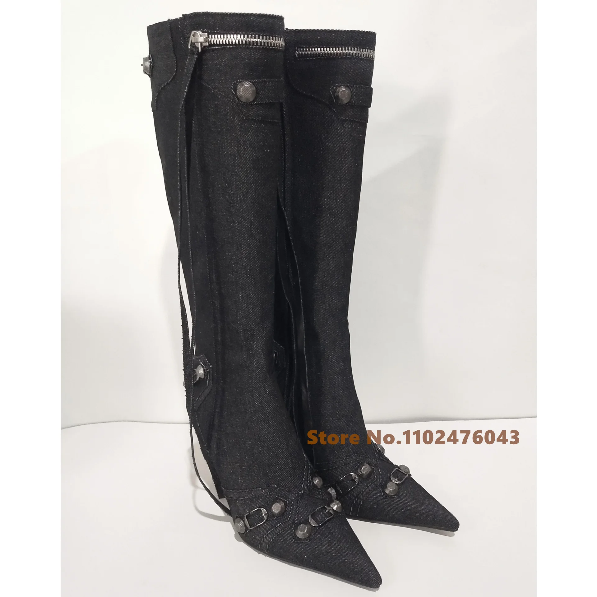 Denim Slim High Heel Pointed Toe Metal Rivet Knee High Boots Women New Tassel Side Zipper Spicy Girls' Motorcycle Boots
Denim Slim High Heel Pointed Toe Metal Rivet Knee High Boots Women New Tassel Side Zipper Spicy Girls' Motorcycle Boots